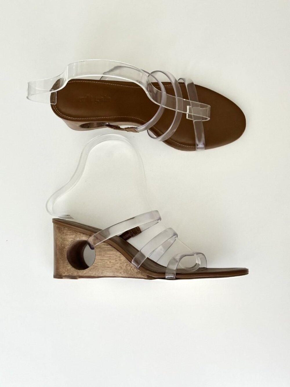 CULT GAIA Merced Strappy PVC Wooden Cutout Wedge Sandals in Clear/Brown Size 38